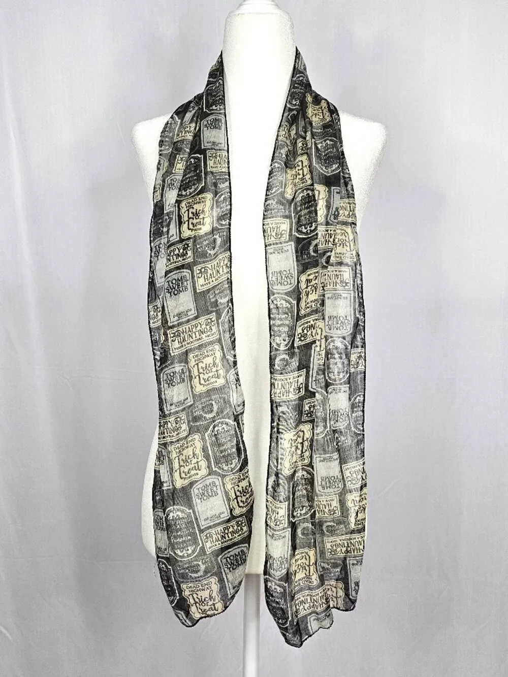 Halloween Scarf | Gothic Tombstone Print | Black Grey Cream | One Size